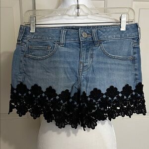 Express Blue Denim Shorts with Black Lace Hem Relaxed Low Rise